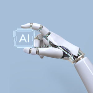 A robotic hand holding a computer chjp with the title AI in it, demonstrating the importance of ISO42001